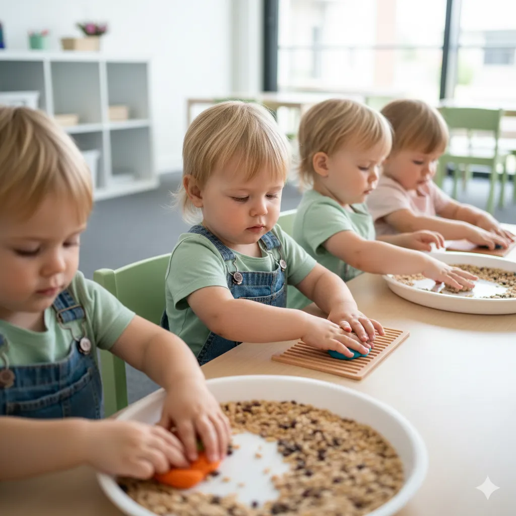 Dzieci w wieku 2–3 lat uczestniczące w zajęciach sensoplastycznych przy stoliku w sali żłobka.