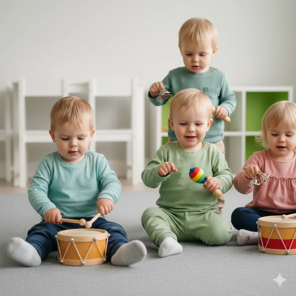 Dzieci w wieku 2–3 lat uczestniczące w zajęciach muzycznych z wykorzystaniem prostych instrumentów.