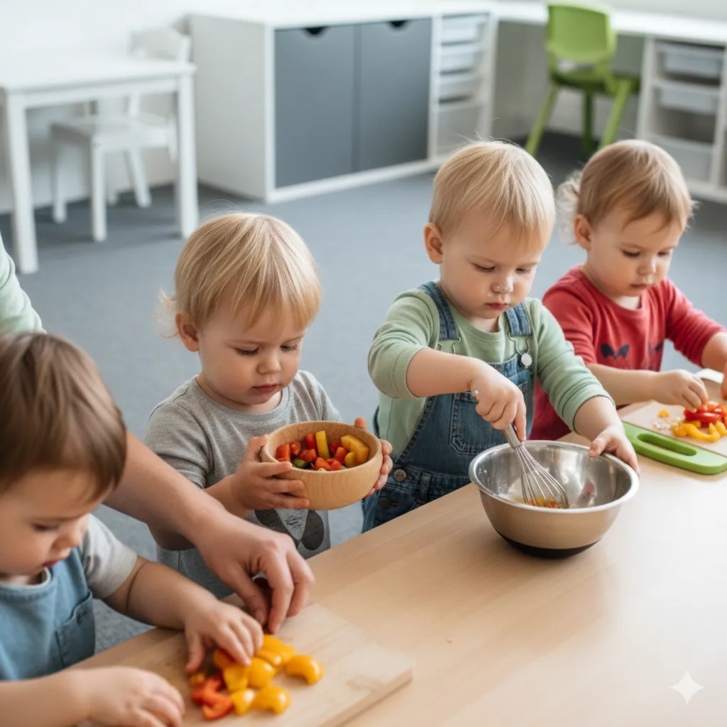 Dzieci w wieku 2–3 lat wykonujące proste czynności kulinarne podczas zajęć w żłobku.