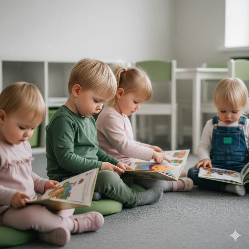 Dzieci w wieku 2–3 lat oglądające książeczki w sali żłobka.