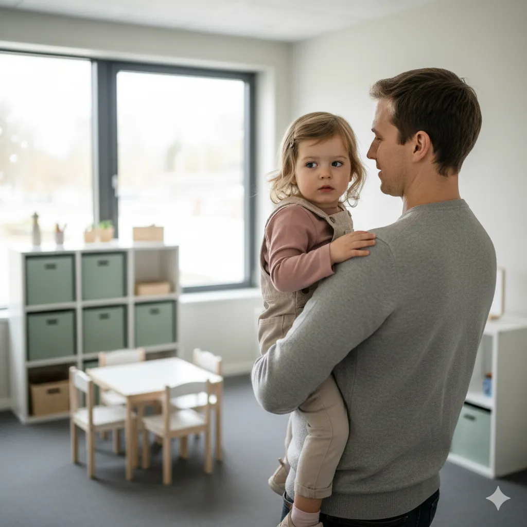 Rodzic trzymjacy dziecko na rękach, odprowadzający córkę do żłobka